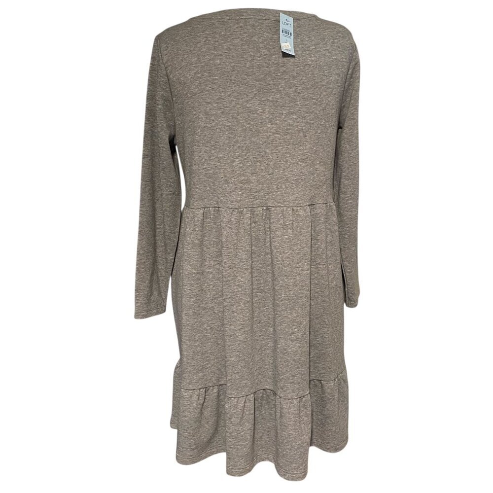 LOFT Long Sleeve Grey Tiered Sweatshirt Dress, Size Large Petite - Picture 2 of 7